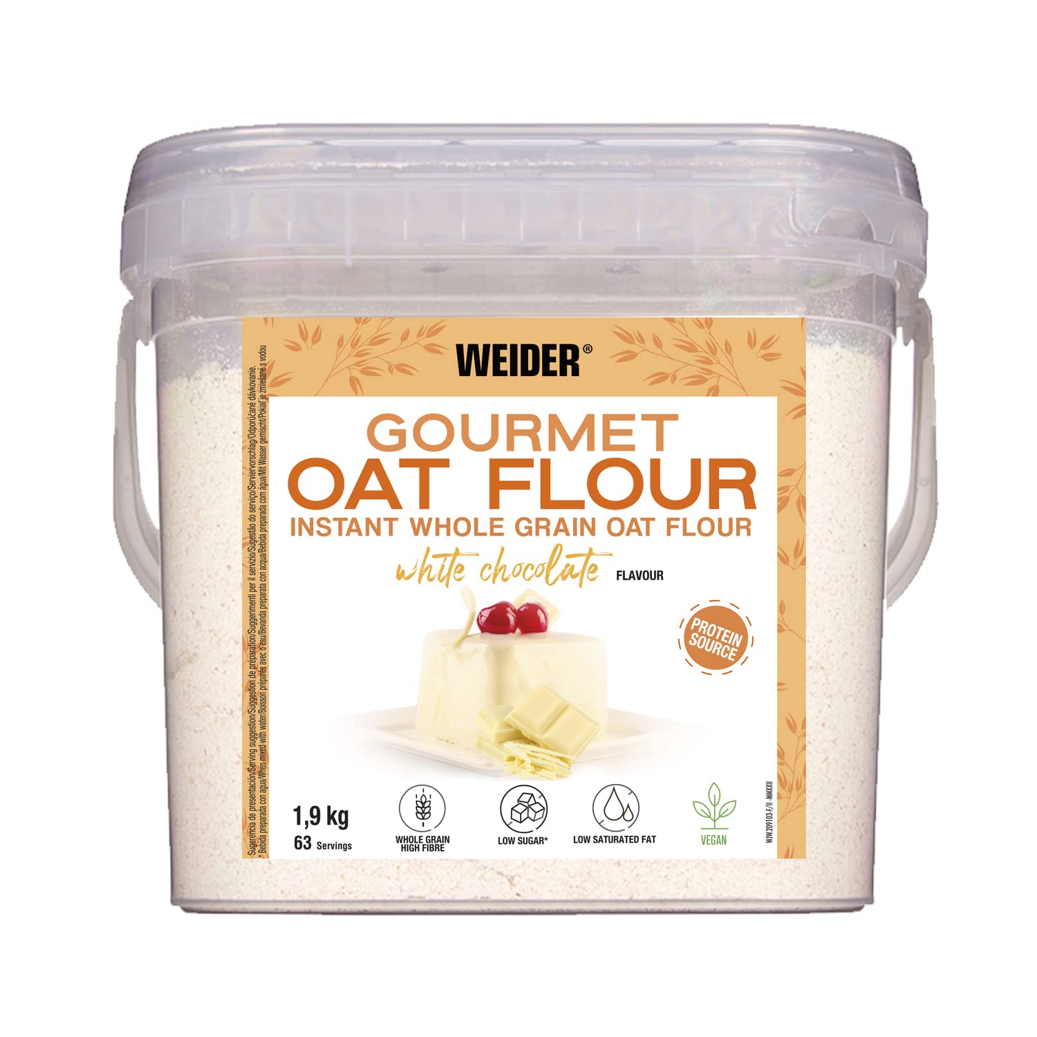 Weider Gourmet Oat Flour (1,9kg) White Chocolate Flavour. Wholegrain, High Protein source. Low Sugar, Low Saturated Fat. Vegan.