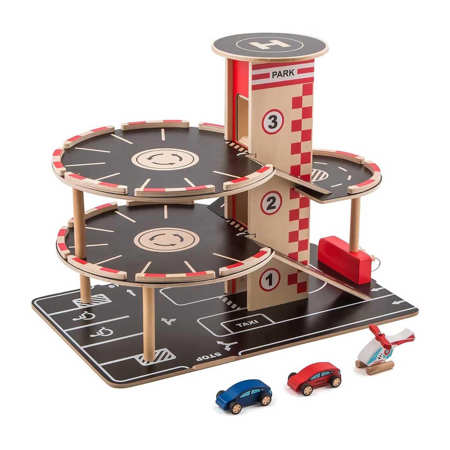 Sustainable Wood Toy Car, Toys For Kids, Hape “Park And Go” Garage Set With 4 Levels, 1 Lift, 2 Toy Cars, 1 Toy Helicopter. 3 years +