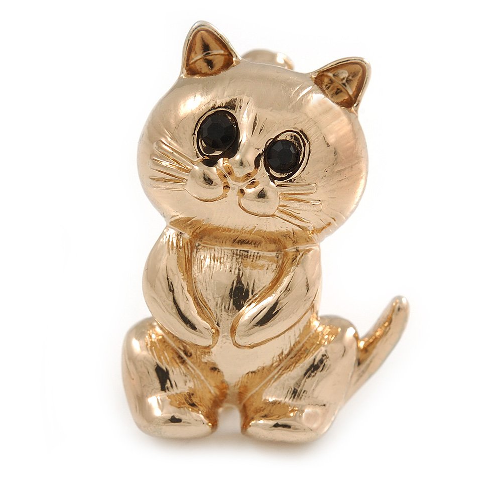 Cute Kitten/Cat Brooch In Gold Tone Metal - 33mm L