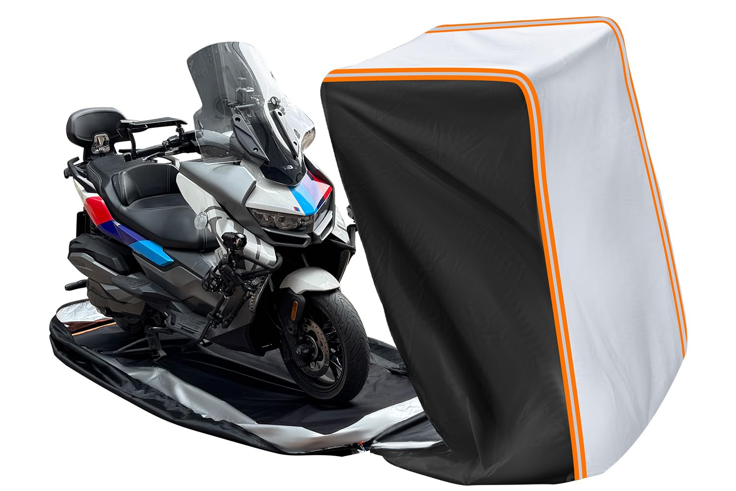 Photo 1 of FJWDSC Full Enclosed Motorcycle Cover Waterproof Outdoor/Indoor Storage Waterproof Motorcycle Cover Heavy Duty with Reflective Strips Fits Scooter/Touring Motorcycles Length up to 108"?Black+Sliver?