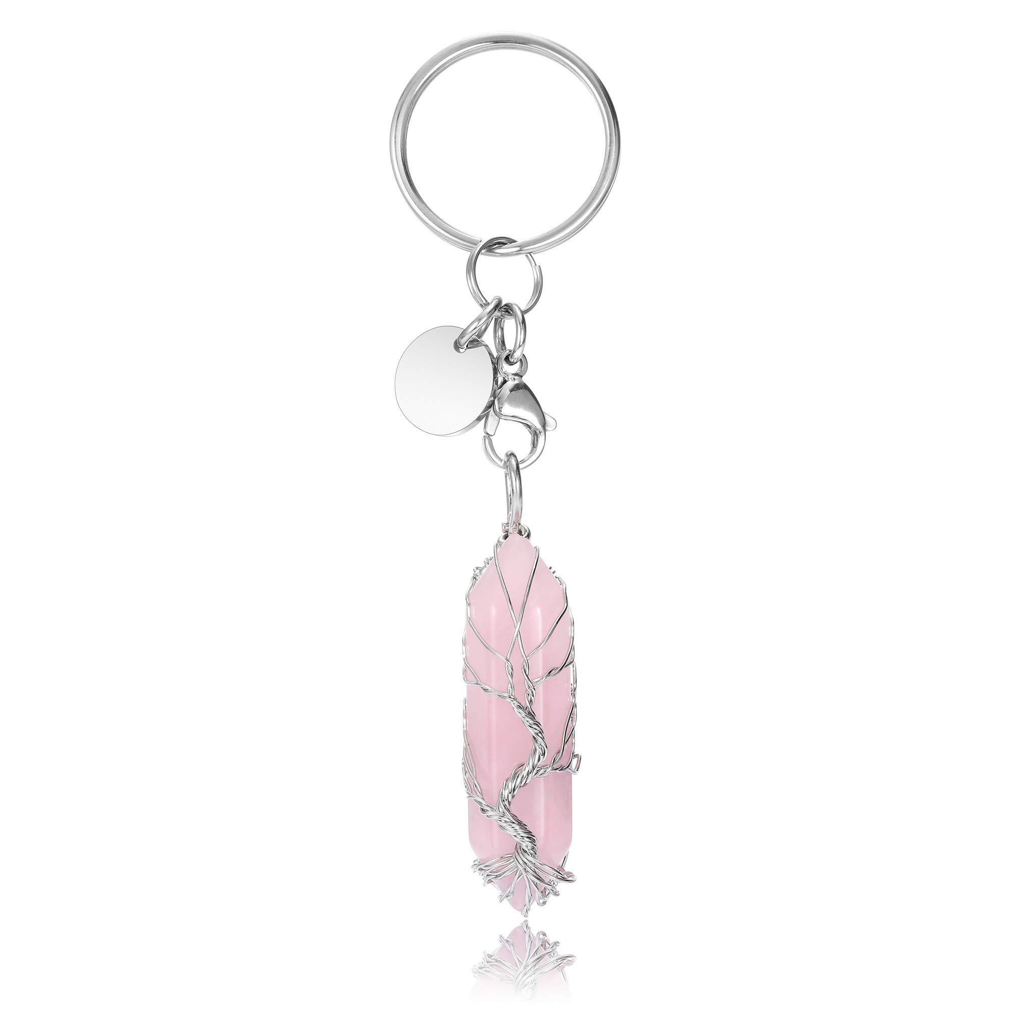 CrystalTears Rose Quartz Healing Crystal Keychain Tree Life Wire Wrapped Hexagonal Crystal Point Keyring Charms for Home Car Key Decor Gift for Women Girls Christmas