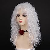 SEVENCOLORS Long White Curly Wigs with Bangs Natural Wavy Synthetic Wigs for Women Fluffy White Hair Cosplay Party Costume Wig