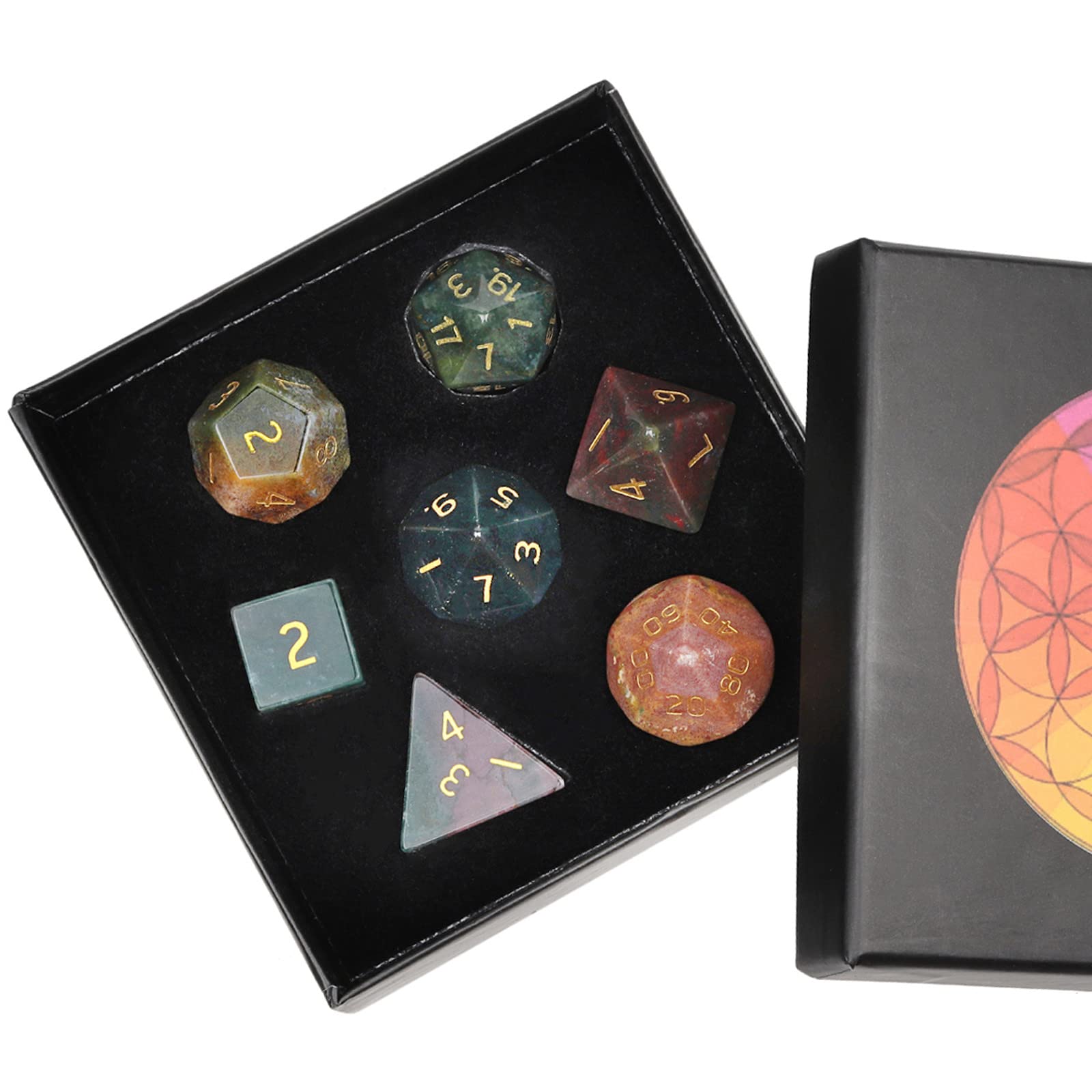Nupuyai 7pcs Indian Agate Crystal Polyhedral DND Dice Set for RPG MTG Table Games, Polished Tumbled Stones Dices with Box for Home Decor — image 1