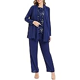 Kelyaa Womens 3 Pieces Lace Pants Suits Elegant Mother of Bride Sequin Tank Top Dressy Suit Sets for Wedding Formal Outfit