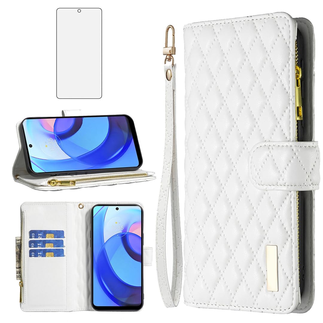 Asuwish Phone Case for Motorola Moto E20/E30/E40 Wallet Cover with Tempered Glass Screen Protector and Leather Flip Credit Card Holder Stand Cell Accessories Protective XT2155 2021 Women Girls White