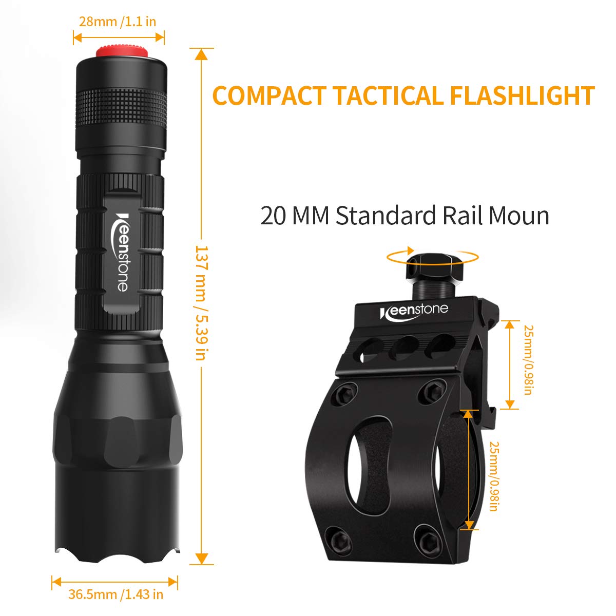 Tactical Flashlight with Picatinny Rail Mount, Keenstone 800 Lumen LED Light Waterproof Tactical Picatinny Flashlight for Home Use or Outdoor Hunting Camping include with Batteries and Portable Clip