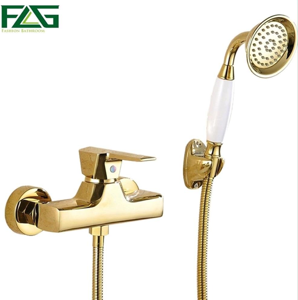 Homeny Concise Wall Mounted Bathroom Faucet Bath Tub Mixer Tap With Ceramic Handle Hand Shower Head Gold Plated Shower Faucet