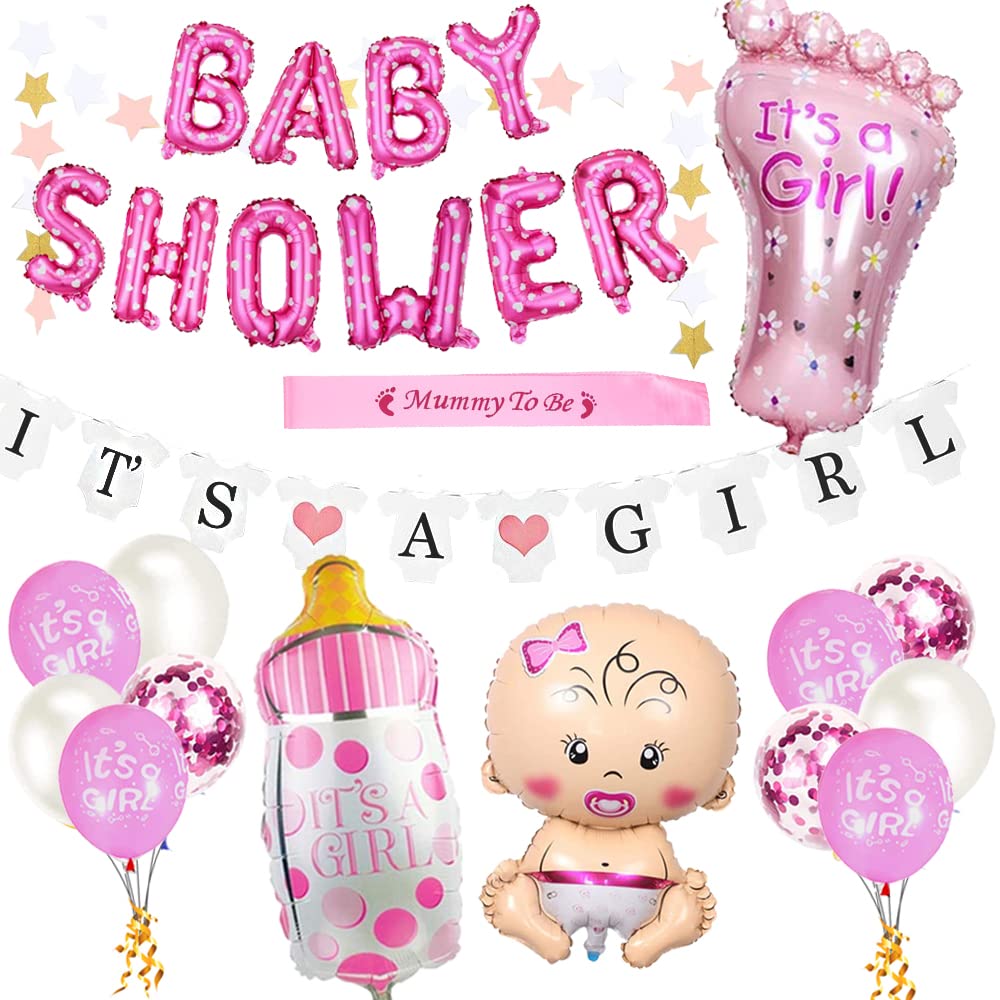 Baby Shower Decorations for Girl, 10 Baby Girl Shower Pink Balloons Set, Its a Girl Banner, Mummy to Be Sash, Blue Baby Shower Foil Balloon Banner for Gender Reveal Party