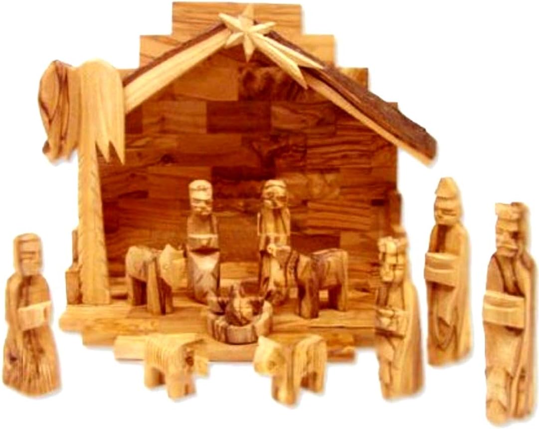 Holy Land Market Olive Wood Nativity Set including Rustic Stable (Bark Roof), Natural Olivewood