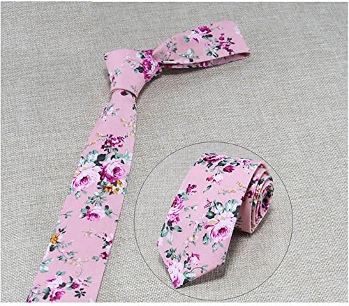 Men's Skinny Floral Tie, Floral Print Cotton Tie, Great for Weddings, Groom, Groomsmen, Missions, Dances, Gifts.(Pink)