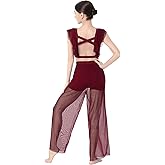 AFAVOM Lyrical Dance Dress for Women Modern Contemporary Dance Costume Chiffon Crop Top + Mesh Pants Ballet Leotard Outfit