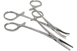 Set of 2 Curved + Straight Serrated Tip Hemostat Forceps Fish Hook Remover - 5" (Chrome)
