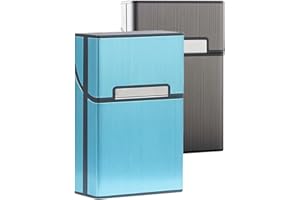 NESCOPE Cigarette Case Brushed Metal Cigarette Case with Magnetic Switch Flip Closure,20 Capacity (85mm, Gray + Blue,2 Pack,)