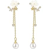 Gold Pearl Drop Earrings for Women Dangle Chain Flower Earrings,Wedding Earrings for Brides, Bridal Jewelry for Wedding Day