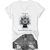 Nebere Womens I'm Fine Everything is Fine V Neck T-Shirts Short Sleeve Funny Shirt Casual Cute Cat Graphic Tee Tops