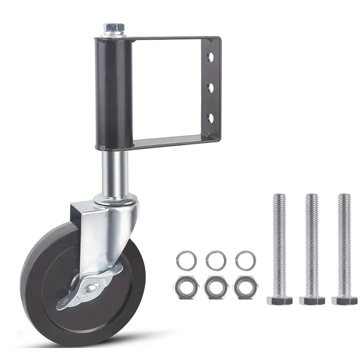 Ompinda 4 Inch Heavy Duty Spring Loaded Gate Wheels, Fence Gate Support Wheel Rollers with Side Lock Brake, 360° Rotating, 220 lbs Load Capacity, 3 Pcs, Black