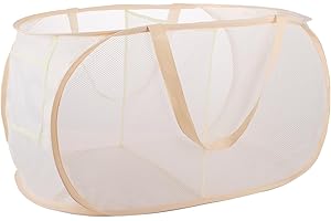 XIAYAN collapsible Mesh Popup laundry basket，2 Compartments-Laundry Hamper with Strong Handles ，Easy to Open and Fold for Dorm, Laundry Room, Bedroom, RV… (Beige)…