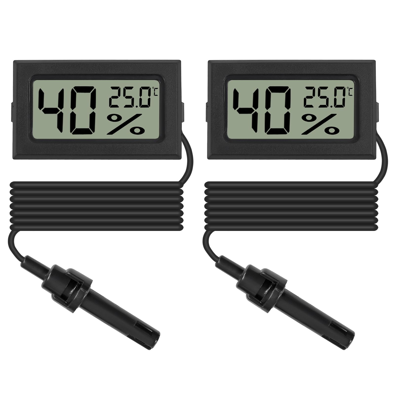2PCS Mini Digital Thermometer Hygrometer Temperature Humidity Monitor with External Probe LCD Monitor Indoor Outdoor Gauge Meter for Car Greenhouse Home Office Living Room -Black
