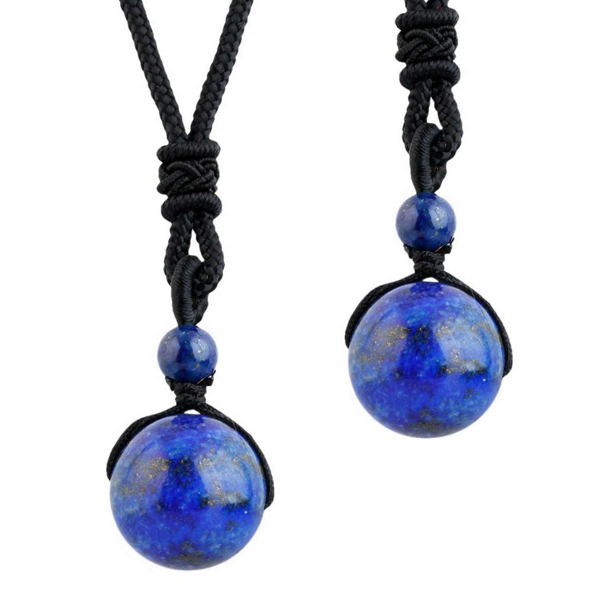 mookaitedecor Blue Lapis Lazuli Crystal Necklace Round Stone Bead Necklace for Women Men, Set of 2 Healing Crystal Bead Necklace Semi Precious Stone Pendant Necklace Blue Necklace Jewellery Gift