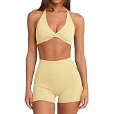 SUUKSESS Women 2 Piece Workout Sets Twist V Neck Sports Bra Yoga Gym Biker Short