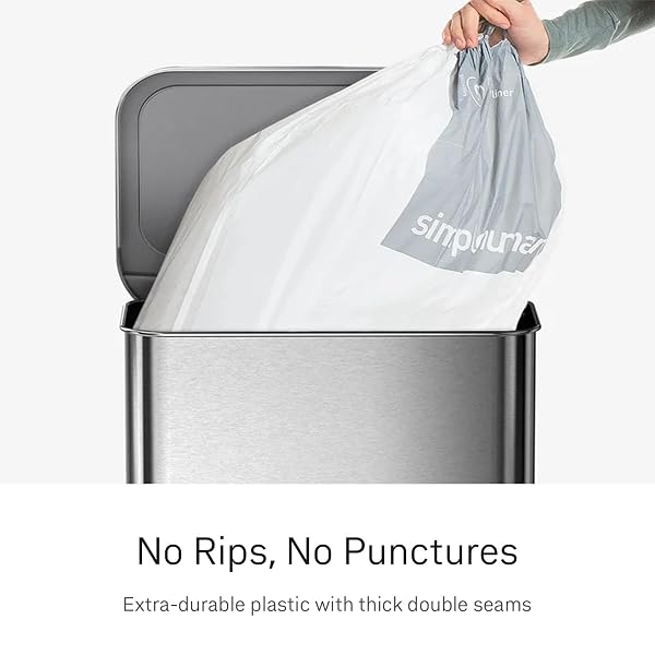 SIMPLEHUMAN CODE H 200 COUNT CUSTOM FIT LINERS, DRAWSTRING KITCHEN TRASH BAGS, ONE-BY-ONE MESS-FREE DISPENSE, EXTRA THICK & DOUBLE SEAMED, 50% PCR PLASTIC, 30-35 LITER / 8-9 GALLON, WHITE