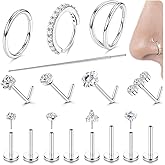 18G/16G Nose Rings Hoop and 20g Nose Studs Sets for Women Men, Hypoallergenic 316L Surgical Steel Hinged Clicker Segment CZ Nose Hoops Double Hoop Nose Ring Septum Lip Helix Cartilage Daith Tragus Sleeper Earrings Gold Silver L Shape/Corkscrew Nose Studs Nostril Small Piercing Jewelry, Pack of 4Pcs