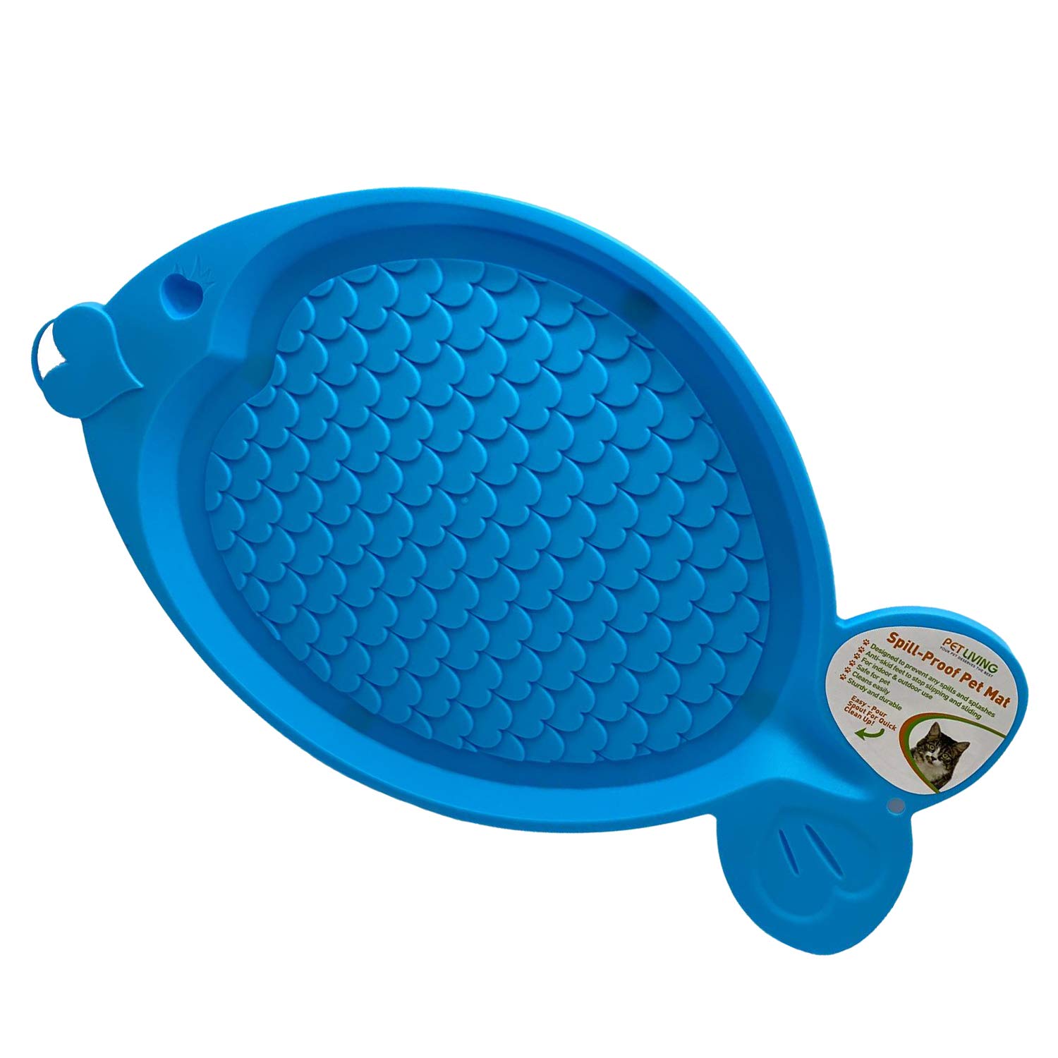 Cat Spill Proof Pet Feeding Mat Tray Anti Skid Feet Fish Shape Food Bowl Mat for All Cats & Kittens (Aqua Blue)