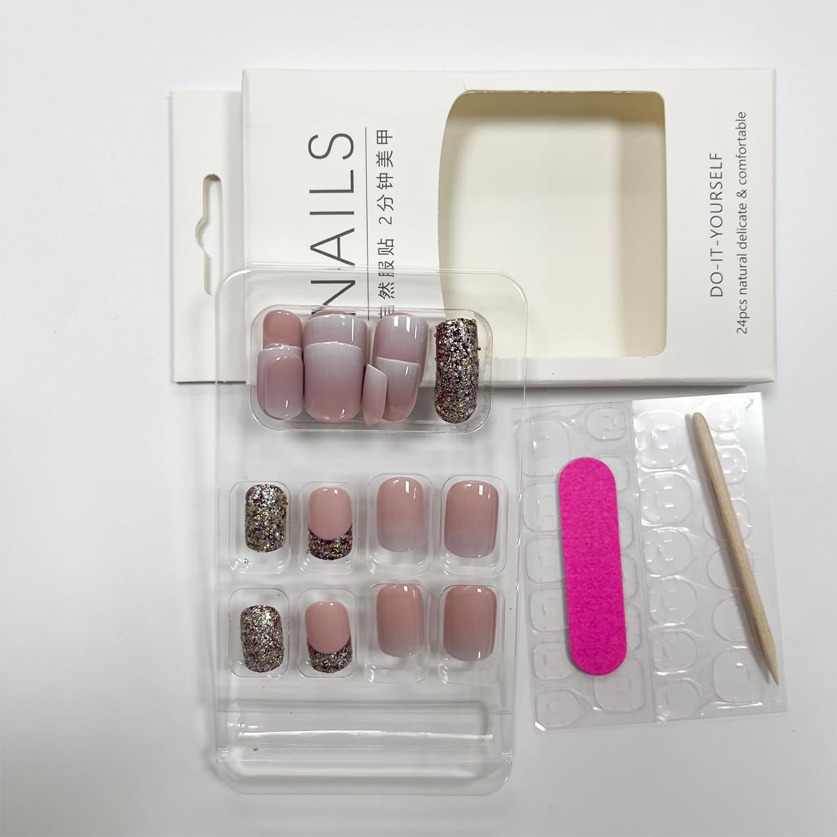 24Pcs Press on Nails Short Square French Tip Fake Nails Pink Gradient with Silver Glitter Design Acrylic Full Cover Glue on False Nails Artificial Stick on Nails for Women Daily Wear Manicure… - Image 7