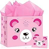 Peconal Pink Bear Gift Bag for Baby Shower Pink Bear Baby Shower Birthday Gift Wrapping Paper Bag with Greeting Card for 1st 2nd 3rd Birthday Decorations Party Favors Supplies