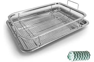 LUFMWCWD Air Fryer Stainless Steel Basket for Oven, Stainless Steel Crisper Tray and Pan Tray & Grease Catcher | Even Cooking | Non-Stick | Healthy Cooking Air Fry Mesh Basket Set for Fries/Bacon Rack