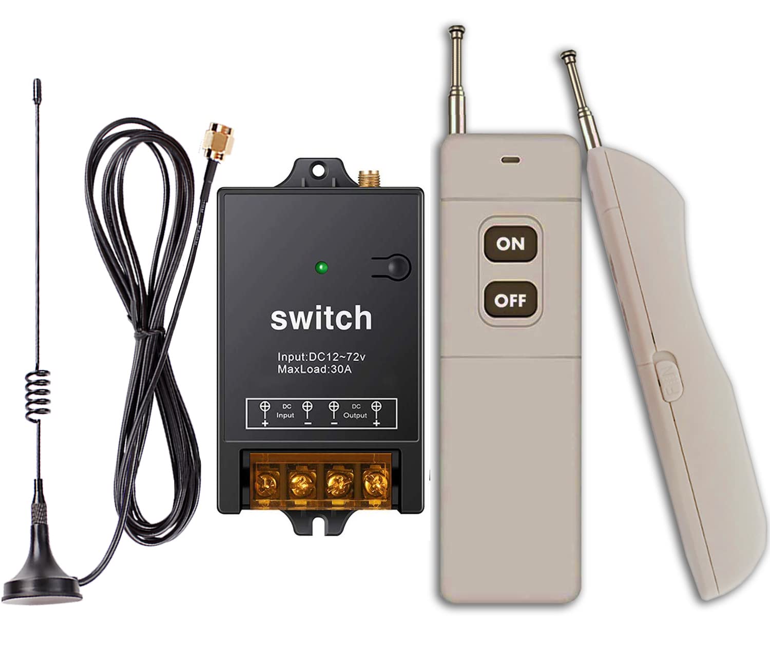 Meskliu 12 V Radio Switch, DC12 V/24 V/48 V/72 V 40 A Wireless Relay with 4900 ft Long Distances, Wireless Switch with Remote Control for Household Whip, Pumps, Lights, Ceiling Fans and Electric Whip