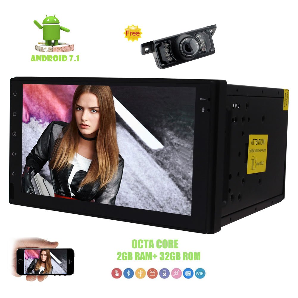 Universal Double Din Car Stereo 7" 1024600 Touch Screen Head Unit Android 7.1 OCTA CORE 2GB+32GB Car Audio Non-DVD Player Support Bluetooth GPS Nav SWC Phone Link DAB+ OBD RDS Radio+Free Rear Cam