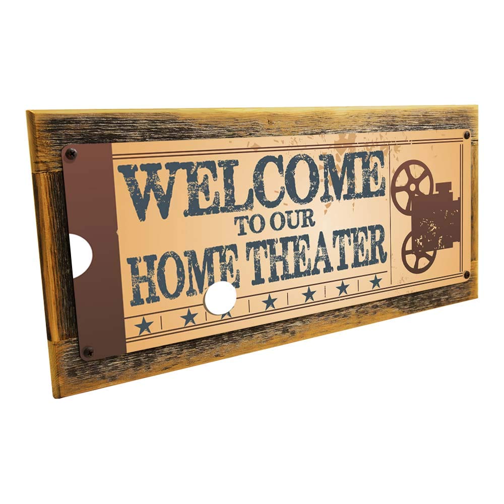OMSC Framed Welcome to Our Home Theater Metal Sign, Retro Ticket to The Movie, Media Room, Family Room, Bar, Den Decor