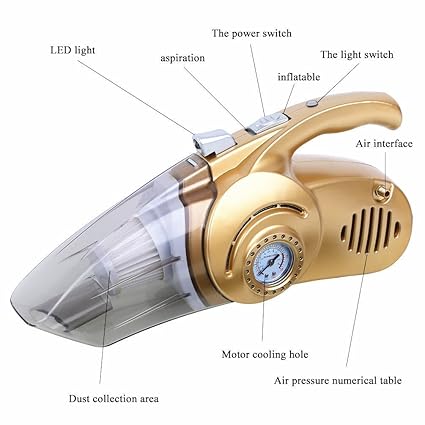 Krevia ABS material Handheld VelKro 4 in 1 Car Vacuum Cleaner DC12V with Air Compressor Pressure Tyre Inflator (Golden) - 1pc