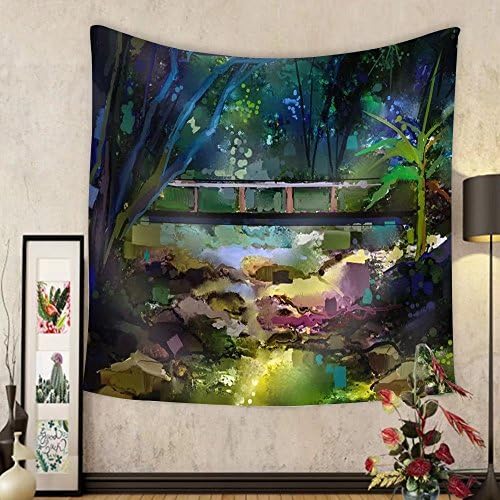 Qushuguang Custom tapestry Oil Painting Landscape with Wooden Bridge over Creek in Forest - Fabric Wall Tapestry Home Decor