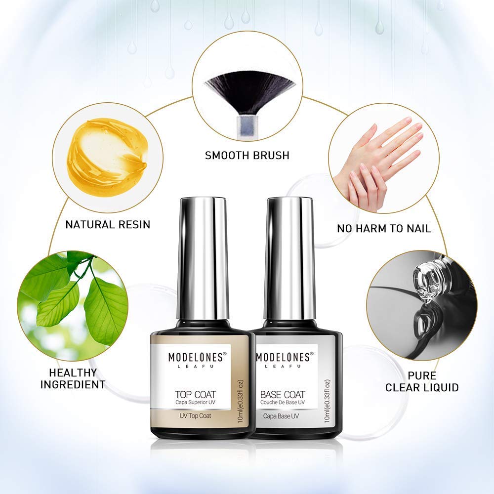 Modelones Gel Top and Base Coat, No Wipe Base and Top Coat, Base and Top Coat Gel Nail Polish, LED Soak Off Top and Base Coat Gel Nail Polish, New Upgraded Formula Gel Nail Polish, 2X10ml Long-Lasting Mirror Shiny Glossy Finish : Beauty