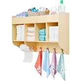 Monl&auml;urd&reg; 100% Birch Diaper Organizer for Wall &ndash; Wooden Wall Mounted Storage Shelf for Nursery &amp; Daycare, Baby Changing Table Organizer with Hooks &amp; Towel Holder