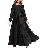 MITILLY Girls Fall Long Sleeve Maxi Dress Vintage A-Line Chiffon Ruffle Flowy Lace Flower Girl Dresses for Wedding Party