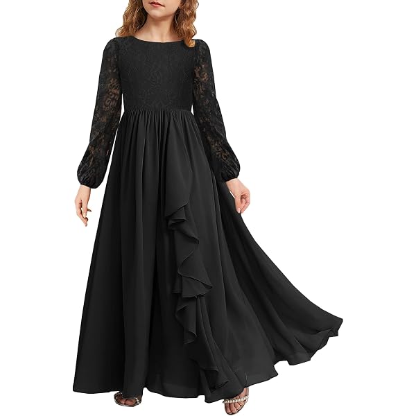 Amazon.com: MITILLY Girls Spring Ruffle Sleeve Maxi Dress Chiffon Flowy  A-Line Lace Flower Girl Dresses for Wedding Party 6 Years Black: Clothing,  Shoes & Jewelry
