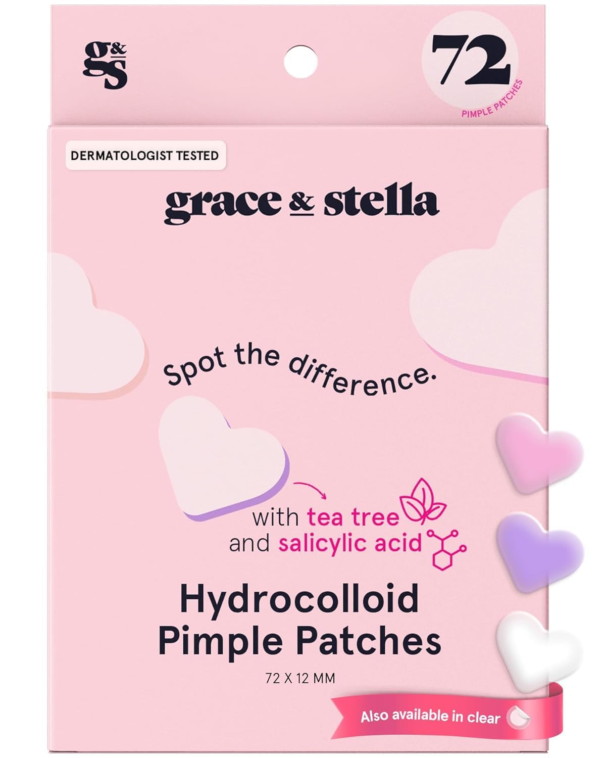 grace & stella Award Winning Pimple Patches Cute (Heart, 72 Count) - Dermatologist Tested Spot Treatment with Salicylic Acid to Help Soothe & Conceal Blemish - Acne Patches for Spot Treatment - Vegan