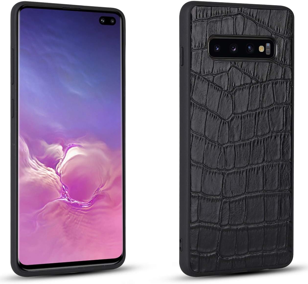 Galaxy S10+ Case [Wireless Charging Compatible] Reginn Slim Fit Genuine Leather Coated TPU Phone Case for Samsung S10 Plus (Crocodile Pattern Black)