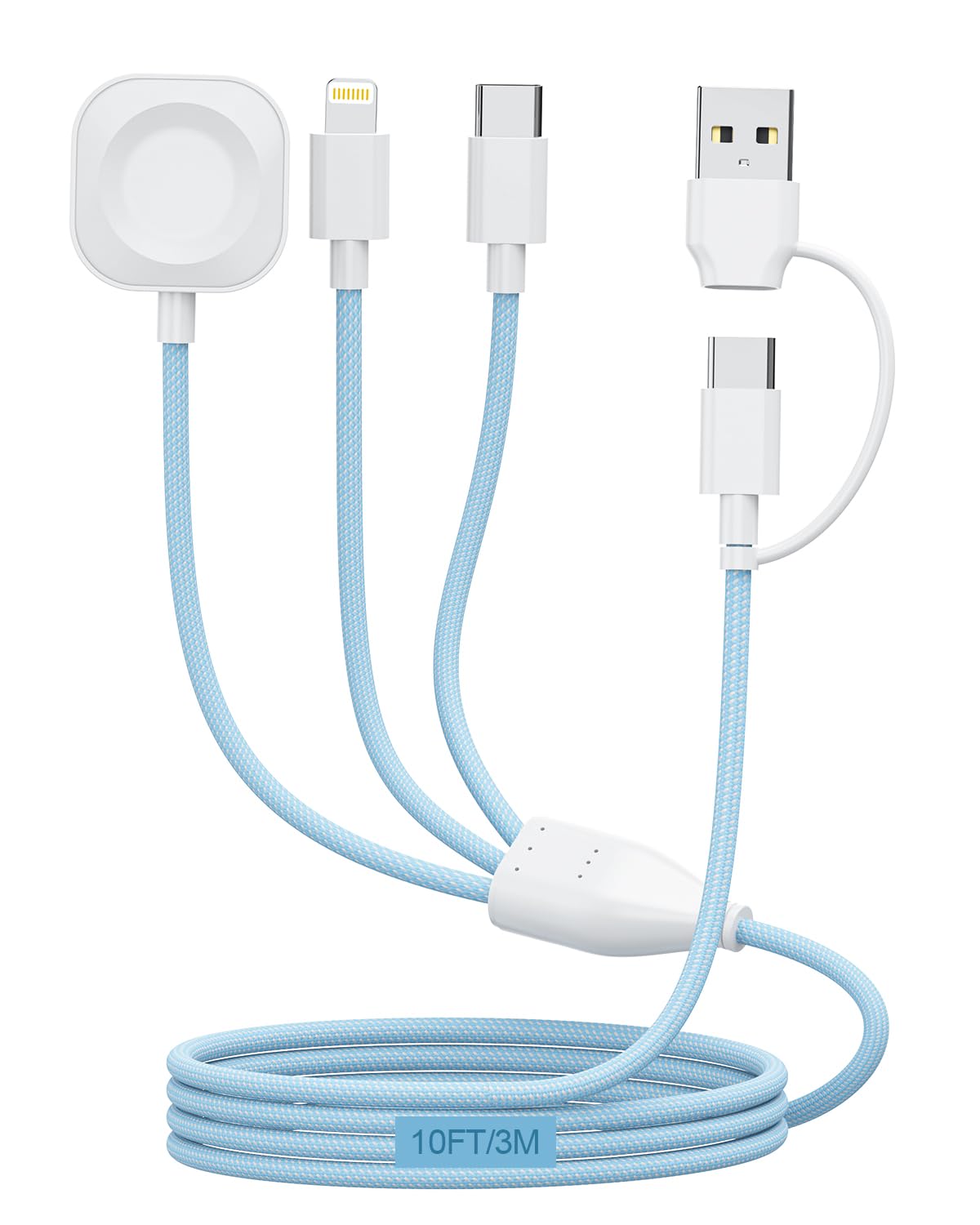 Photo 1 of Travel Apple Watch Charger 3 in 2 USB C Long Multi Charging Cable for iwatch iPhone Nylon Braided USB A/C to Lightning Type C Multi Cord Long iWatch Magnetic Wireless Charger 10FT Travel Essentials