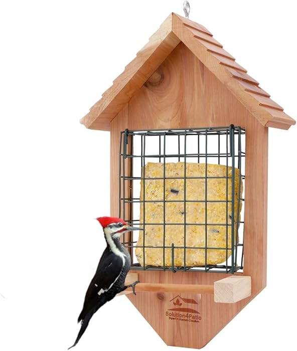 Solution4Patio USA Cedar Tail Prop Suet Bird Feeder with One Perch, Clasp Suet Cage for Squirrel Proof, Suet Cake Holder for Pileated Woodpecker, Downy Woodpecker, Nuthatch, Chickadees, etc.
