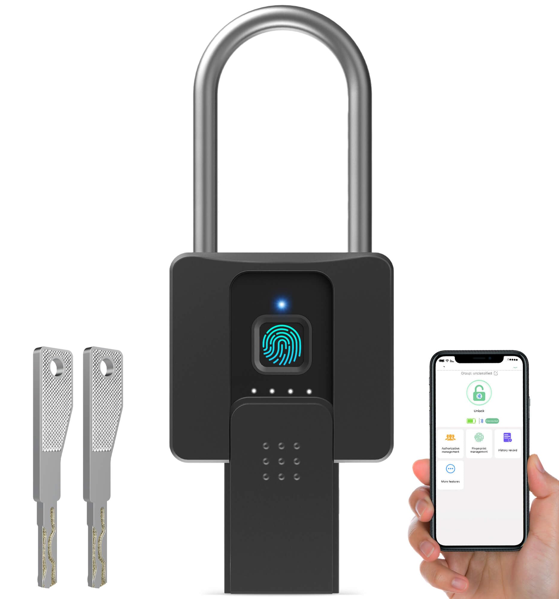 Photo 1 of Fingerprint Padlock with Key Backup, Anweller Weatherproof Biometric Bluetooth App Controlled Keyless Smart Electronic Long Shackle Combination Lock for Outdoor Fence Gate Pool Shed Gym Locker Yard