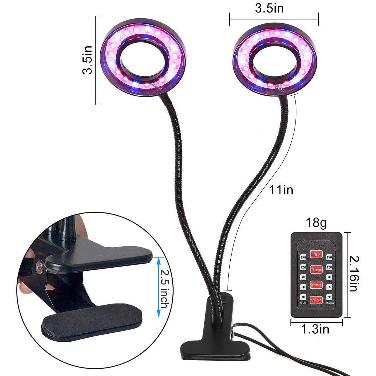 INKERSCOOP Sukkulenten-Licht, 18 W, 36 LEDs, Doppelkopf, 3-6-9-12-15 Timer, 5 dimmbare Stufen, Wachstumslampe, 3 Lichtspektren, wechselt blau/rot/blaues Licht, EU Stecker