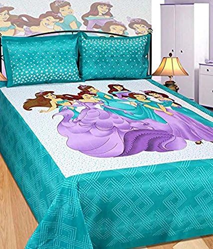 Metro Living Digital Printed Barbie Girl 120 TC Cotton Indian Queen Size Flat Sheet With 2 Pillow Cases, Bedspread-Queen Size,Green