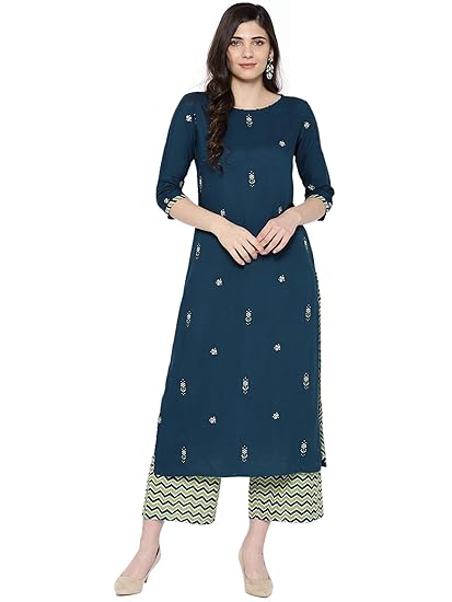 Women's Rayon Straight Kurta Set With Palazzos (Teal)