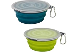YLAPTEW Small Collapsible Dog Bowl 12oz,2 Pack Portable and Foldable Pet Travel Bowls with 2 Carabiners & Lids for Dogs Cats and Small Animals (Blue+Green+Grey, 350ml)