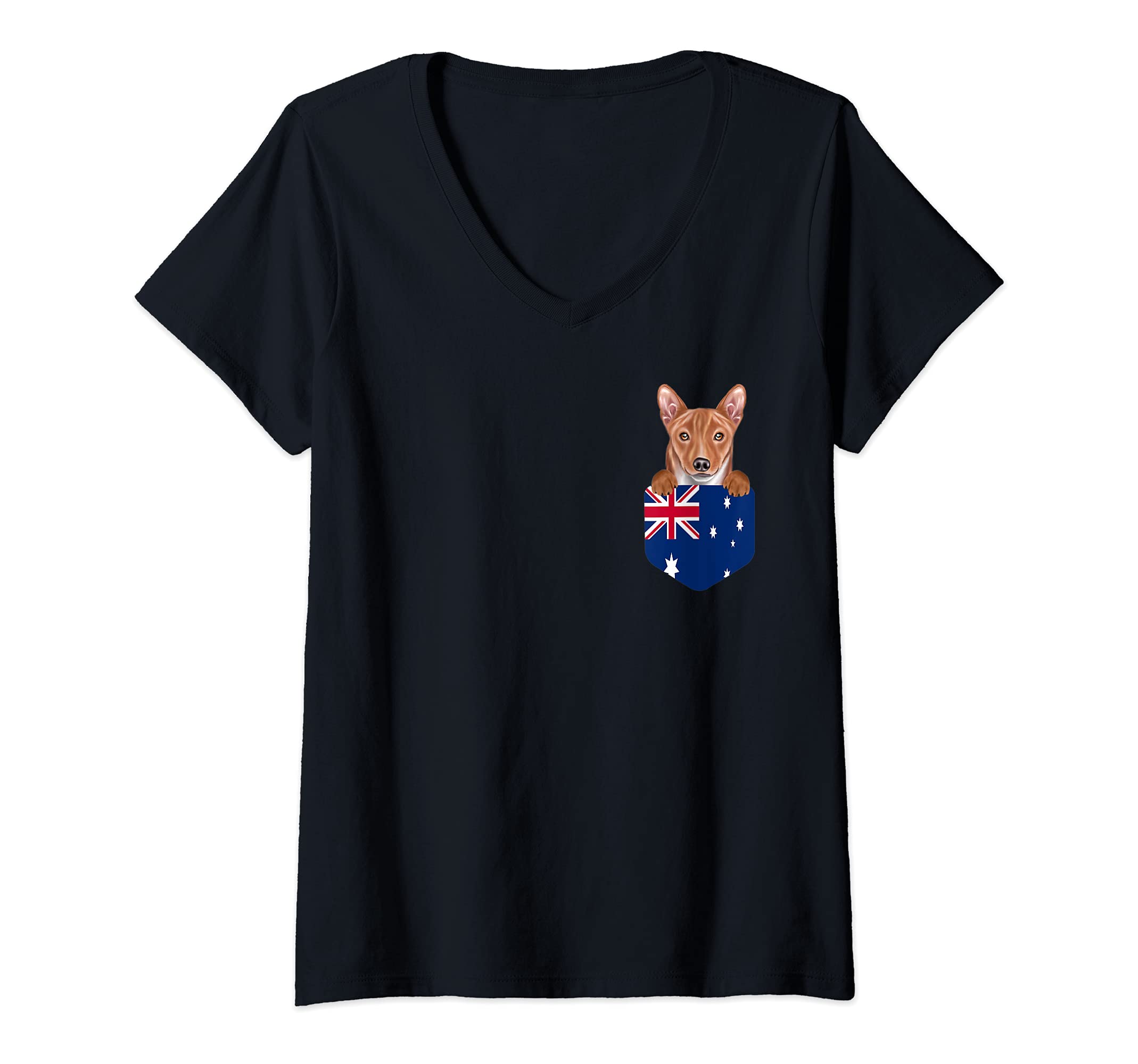 Womens Australia Flag Basenji Dog In Pocket V-Neck T-Shirt
