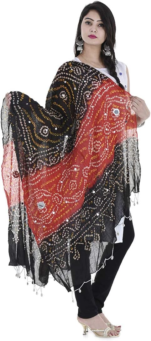 Women's Cotton Bandhani dupatta with mirror work